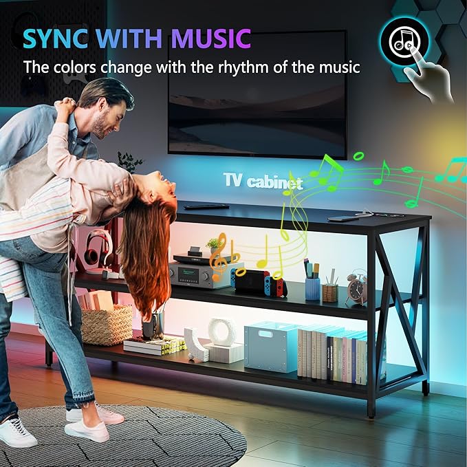 Lvifur RGB TV Stand up to 65''Televisions, TV Console Table with Wireless Charging Station,Entertainment Center with Human Body Sensor and Storage Shelves for Living Room，Bedroom(Black)