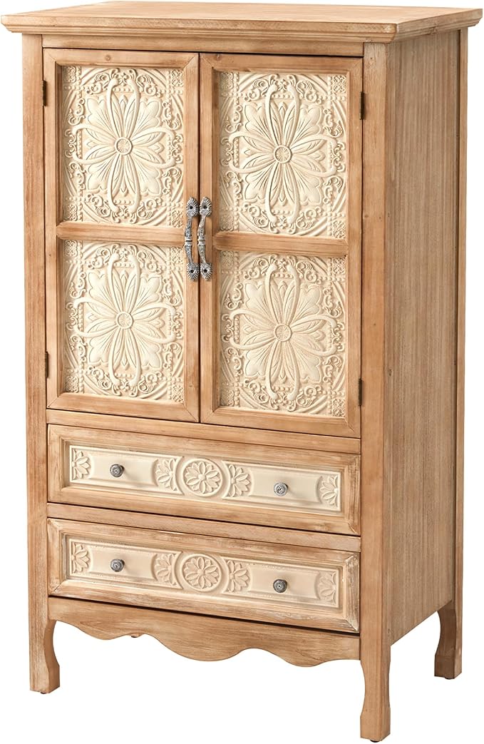 RoyalCraft 48" Tall Accent Cabinet with 2 Carved Doors and 2 Drawers，Vintage Wood Cabinet with Storage, French Country Sideboard Buffet for Small Spaces, Dining Room, Living Room & Hallway