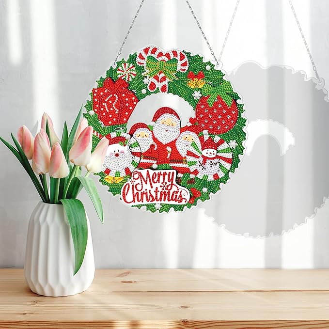 Diamond Art Painting Santa Claus Wreath Hanging Ornament with LED Light String 5D DIY Snowman Rhinestone Art Christmas Wreaths Special Shaped Diamond Paint by Number Mosaic Kits Front Door Wall Decor