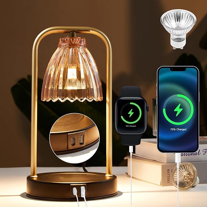CATY&KITTEN Candle Warmer Lamp with Timer & Dimmer, Table lamp with USB and Type C Output,Dimmable Wax Melt Warmer with 2 * 50W Bulbs, House Warming Gift for Mother's Day