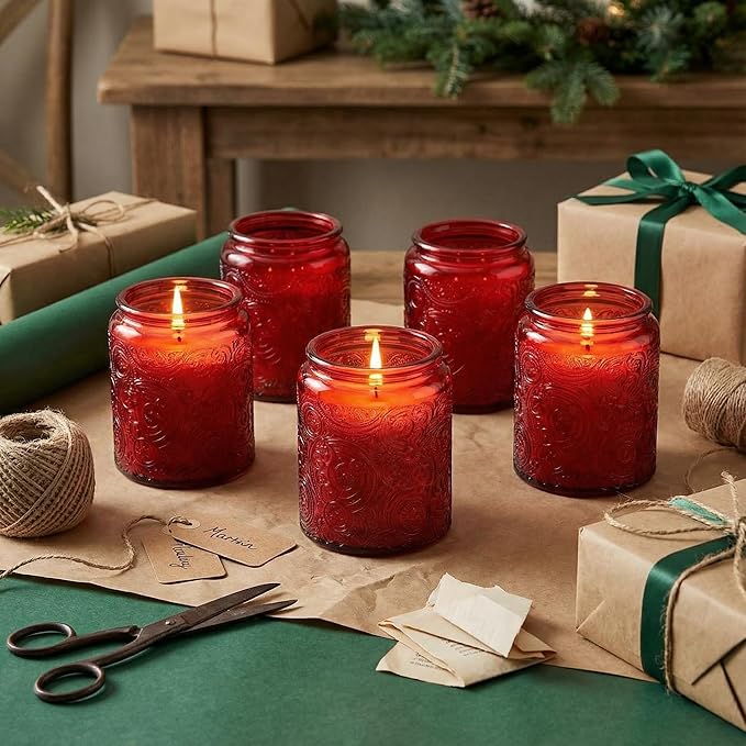 9-Pack 8oz Embossed Glass Candle Container with Bamboo Lids and Labels, Red Candle Jars for Making Candles, Sun Moon Star Design