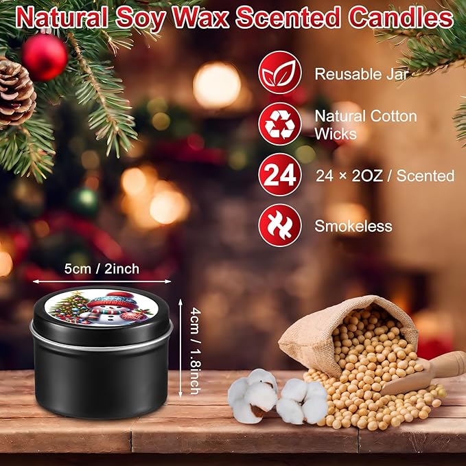 Nuanchu 24 Pack Christmas Scented Candles Gift Set Cartoon Candle for Her Him 2oz Natural Soy Wax Jar Long Lasting Aromatherapy Bulk Favors Set for Christmas Party Home Decor
