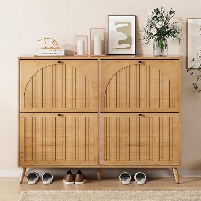 Fsbecl Shoe Storage Cabinet for Entryway with 4 Flip Drawers, Narrow Shoe Organizer with Fluted Panel, Freestanding Wood Hidden Shoe Cabinet (Wood Color, 4 Flip Drawers)