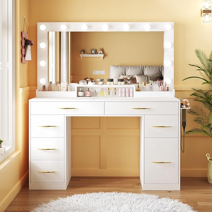 ALEXNUTRE Vanity Desk with Mirror and Lights, Makeup Vanity with Outlets & Large Mirror & 6 Drawers,White Vanity with 3-Color Adjustable Lighting, Makeup Vanity for Bedroom