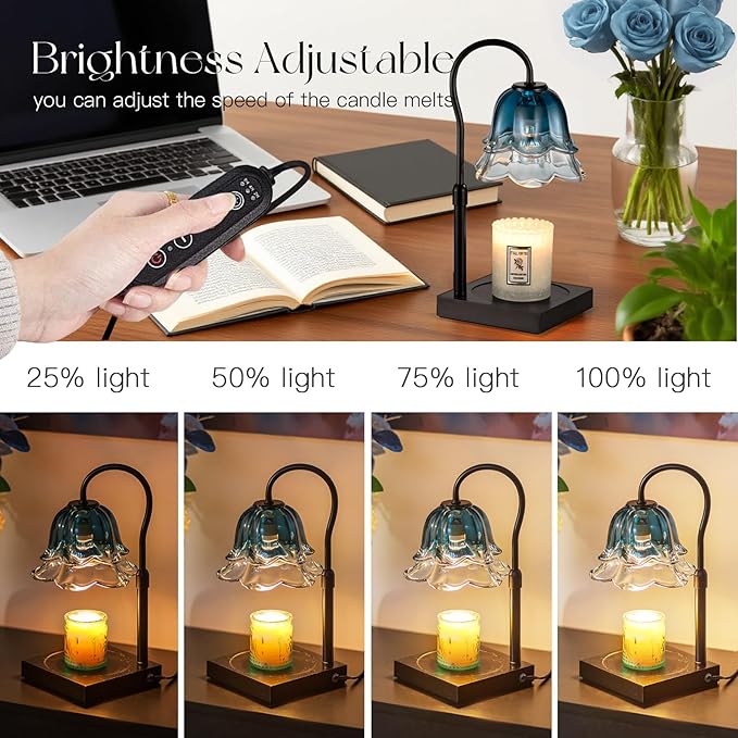 Candeldo Candle Warmer Lamp with Timer: Navy Blue Flower Candle Warming Lamp with 2 Bulbs Height Adjustable Wax Warmer Dimmable Bedroom Decor Mothers Day Birthday Gift for Women