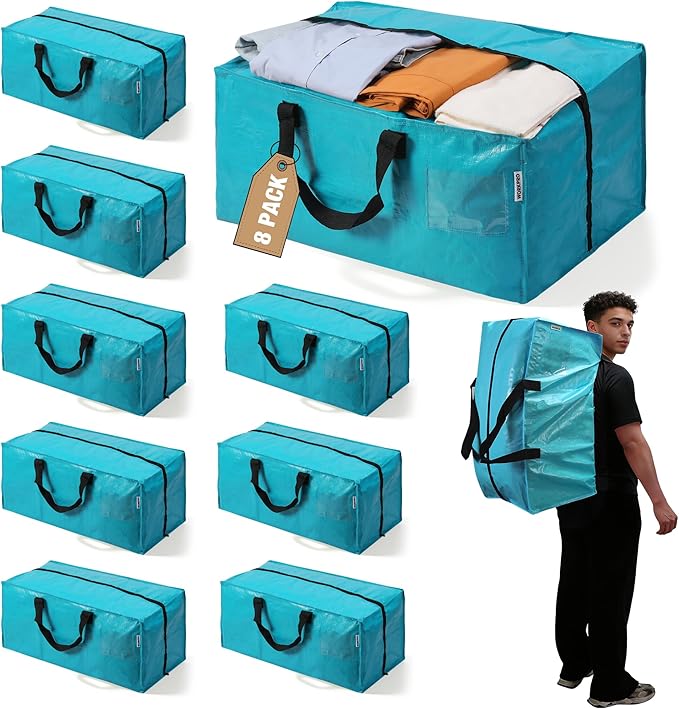 WORKPRO 8 Pack Extra Large Moving Bags with Zippers & Carrying Handles Backpack Straps, Heavy-Duty Storage Tote for Space Saving Moving Storage (Blue)