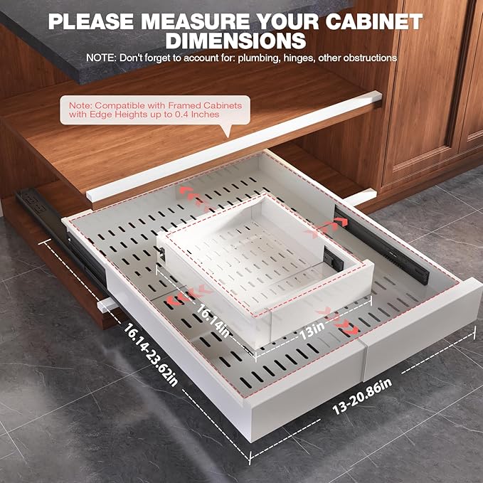 2 Pack Pull Out Cabinet Organizer Expandable Width(13"-21") and Depth(17"-24"), Slide Out Drawers With Raising Pad for Framed Cabinets, No Drill Roll Out Shelves for kitchen, Bathroom, White