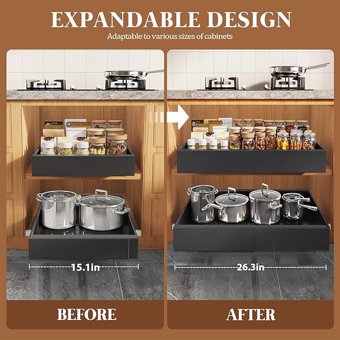 4 Pack Expandable Pull Out Cabinet Organizer 21"Deep With Raising Pad for Framed Cabinets,Upgrade 3 Slide Rails Slide Out Drawers,No Drill Roll Out Shelves,Adjustable Width 15.1"-26.3" Black