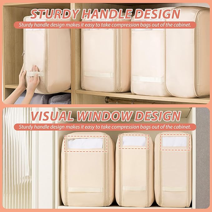 Veki Comforter Storage Bag, Space Saving Self Compression Foldable Blanket Storage Bags, Closet Organizer With Handle and VisualiZation Window, Large capacity 130L for Bedding, Clothes (Apricot XL)