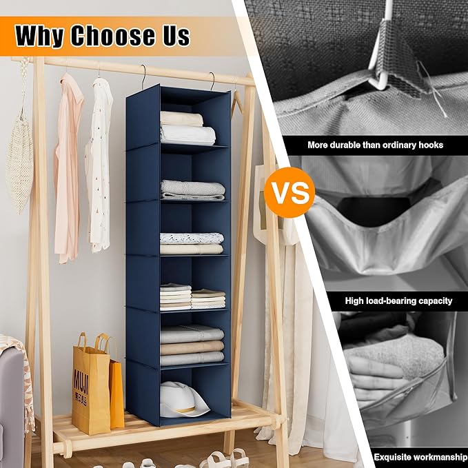 Hanging Closet Organizer and Storage 6-Shelf, Easy Mount Foldable Hanging Closet Wardrobe Shelves, Clothes Handbag Shoes Accessories Storage, Washable Oxford Cloth Fabric, Navy Blue