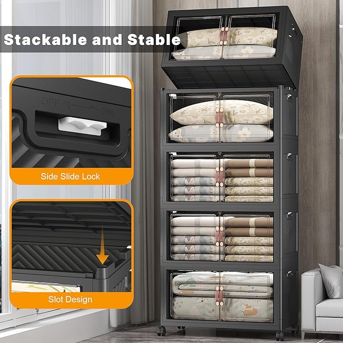 Stackable Storage Bins with Lids & Wheels & Door, Foldable Collapsible Closet Organizers, Extra Large Plastic Storage Drawers for Bedroom Dorm Office Garage (Dark-160qt, 5Pack with 1 top lid)