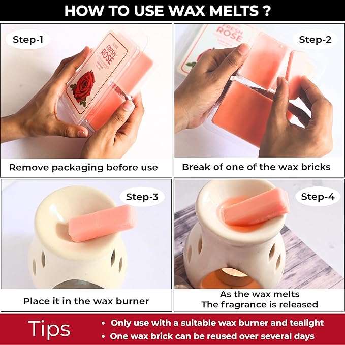 TRUMIRI Fresh Rose Scented Wax Melts - Made with Non Toxic Soy Wax and Essential Oils - Long Lasting Strong Scent Pet Safe Floral Candle Wax Cubes Tarts for Warmers Pack of 4