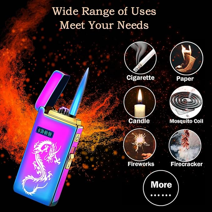 Arc Jet Flame Torch Lighter - 2 in 1 Electronic Refillable Butane, USB Rechargeable With Battery Indicator, Windproof Infinity Electric Plasma Cycle Charge (Blue Dragon)