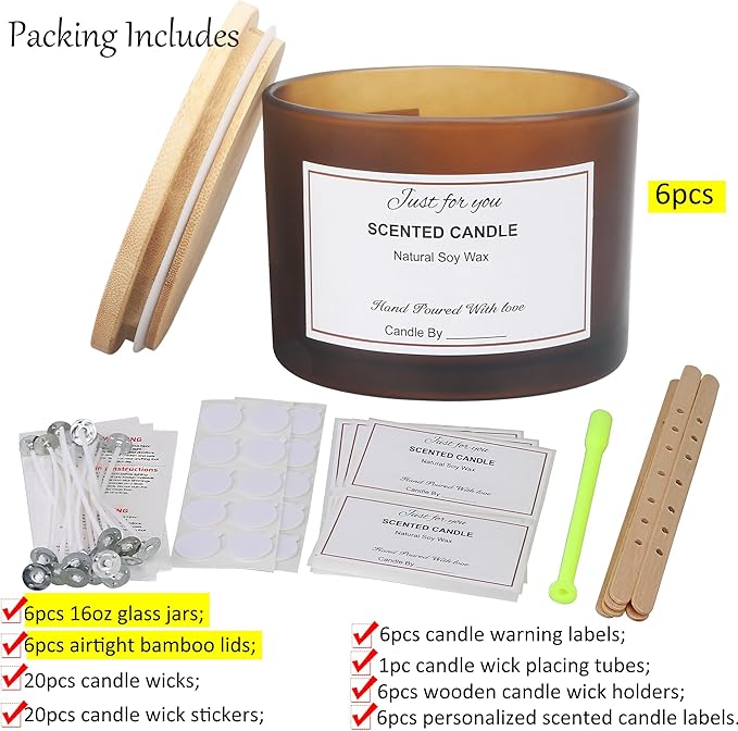 MILIVIXAY 6 Pack 16 oz Candle Jars with Bamboo Lids and Candle Making Kits - 3 Wick Candle Jar,Bulk Empty Frosted Amber Thick Glass Jars for Making Large Candles - Spice, Powder Containers.