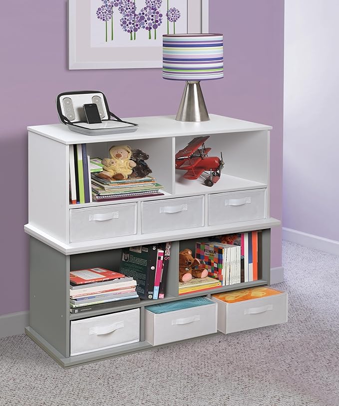 Badger Basket Stackable Toy Storage Organizer - 5-Shelf Modular Unit with 3 Removable Fabric Bins, Solid Panel Construction, Expandable Design for Toys and Crafts - White