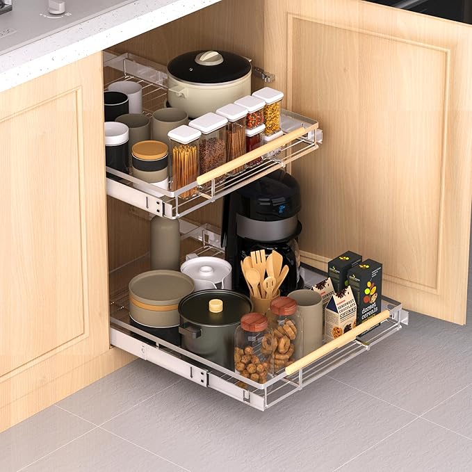 Expandable Pull Out Drawer Cabinet Organizer, Adjustable Width Bottom-Mounted Slide Out Storage Shelves for Cabinets (1, L - Cabinet Size (14.86"~25.86", D≥22.5"))