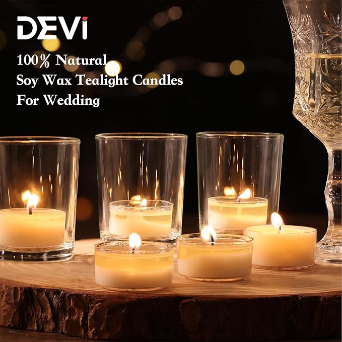 DEVI Soy Tea Lights Candles 200 Pack, 6 Hour White Tea Candles Bulk, Soy Wax Tea Lights Bulk-6 Hours Long Burning, Unscented Small Votives Bulk for Wedding Favors, Party Events, Shabbat,Home Decor
