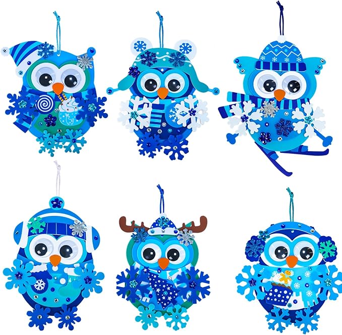 Winlyn 24 Sets Winter Craft Kits Christmas Crafts DIY Snowflake Owl Ornaments Decorations Craft Kit Festive Foam Stickers Winter Arts and Crafts for Kids Holiday Home Classroom Activities Party Favors