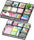 SUPEASY 2 Pack Mesh Drawer Organizer, Metal Desk Drawer Organizer Tray with 8 Adjustable Compartments, Desk Organizers and Accessories for Office Supplies, Kitchen, Makeup & Vanity (Black)