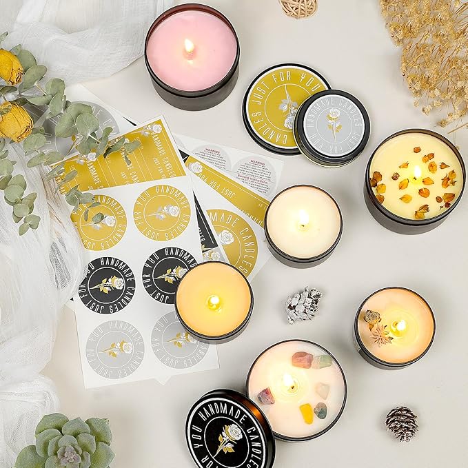 CONNOO 24 Pack Candle Tins - 12pcs 8oz + 12pcs 4oz Matte Black Candle Jars with Lids for Making Candles, Bulk Empty Candle Containers with Sticky Warning Labels for Candle Making, Storage, and Gift