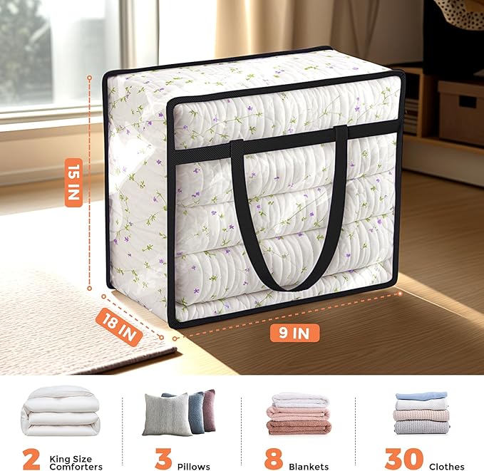 Budding Joy Clear Zippered Storage Bags for Clothes,40L Closet Organizers and Storage Containers Vinyl Moving Bag for Bedding, Linen, Blankets, Comforters, Clothing & Toys, Black, 4 Pack