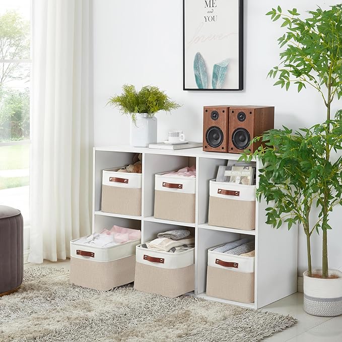 DECOMOMO Storage Baskets for Shelves - Fabric Storage Bins, Linen Closet Organizers and Storage (Beige & White, Large - 3 Pack)