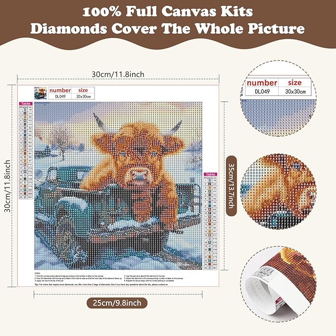 SENQAO Cow Diamond Art Kits for Adult, Christmas Truck Diamond Painting Kits for Beginners, DIY Full Drill Winter Holdiay Rhinestone Diamond Dots Gem Painting Art Craft Home Decor 12 x12 Inch