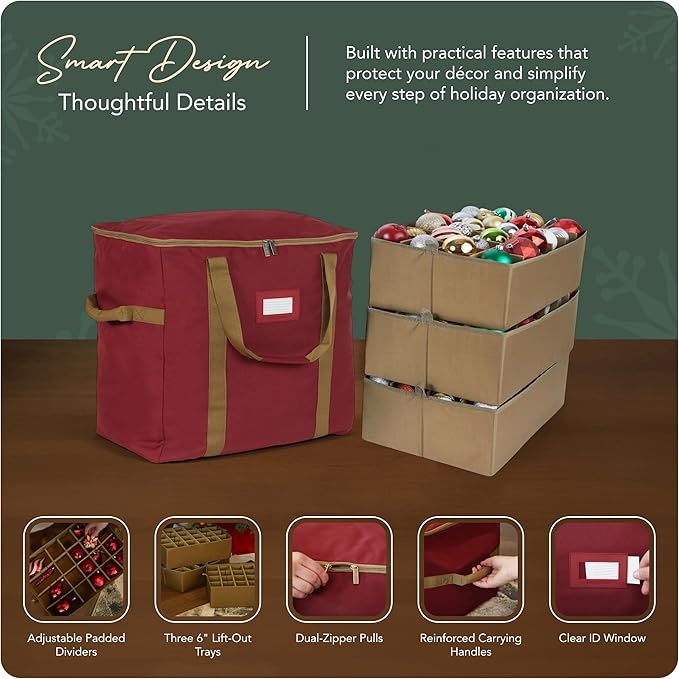 Covermates Keepsakes Adjustable Ornament Storage Bag – Heavy-Duty Polyester, Padded Dividers & FlexGrid Trays – Protective Holiday Ornament Organizer with Handles & Label Window, Red