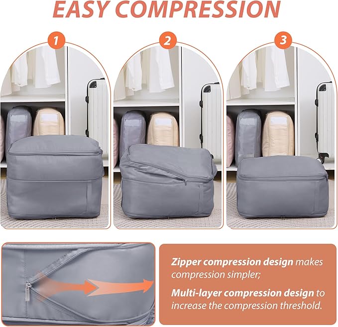 Veki Comforter Storage Bag, Space Saving Self Compression Foldable Blanket Storage Bags, Closet Organizer With Handle and VisualiZation Window, Large capacity 130L for Bedding, Clothes (Grey L)