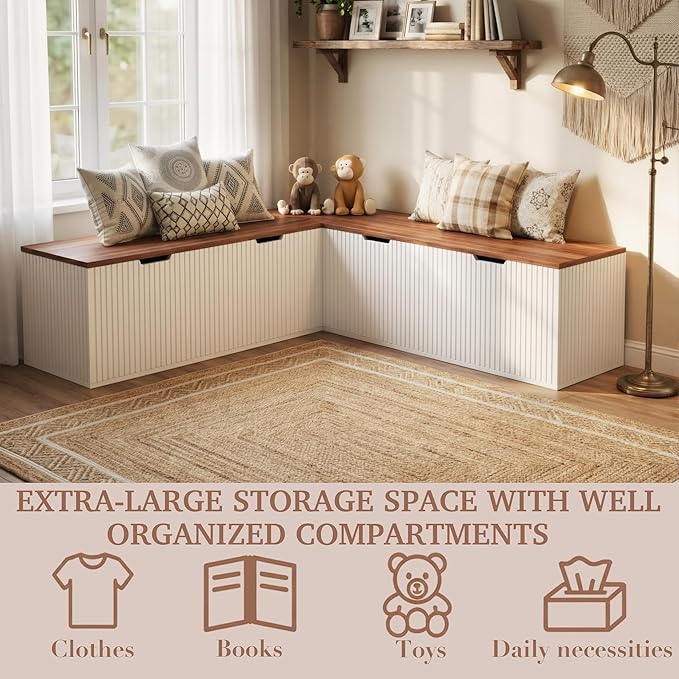 L-Shape Bench with Cushion,Backless Wood Kitchen Breakfast Corner Bench with Hidden Storage,Corner Dining Bench for Entryway,Dining Nook, Kitchen,Cloakroom (Brown)