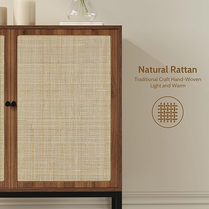 Yechen Set of 2 63" Walnut Sideboard Cabinet with Natural Rattan Doors, Buffet Console & Accent Cabinet, Rattan Credenza Storage with Metal Legs for Living Room, Kitchen, Dining Room