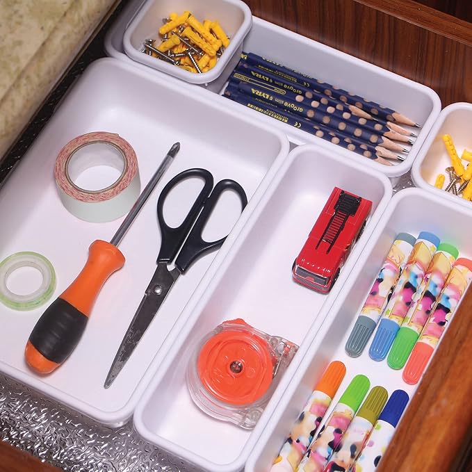 Set of 32 Interlocking Desk Drawer Organizer Tray Dividers Plastic Shallow Narrow Drawers Organizers Separators Storage Bins Container for Kitchen Bathroom Makeup Office Vanity Bedroom Dresser White