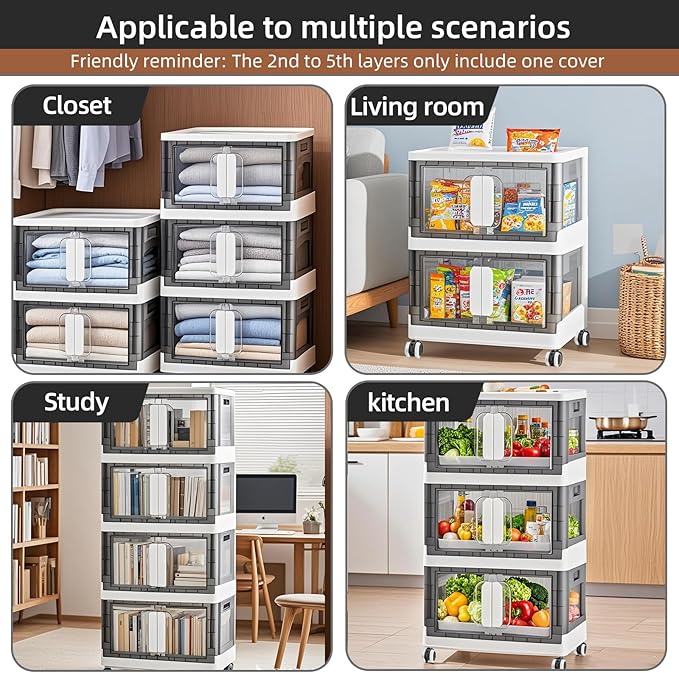 Folding Storage Organizer with Silent casters | Stackable Design for Home & Office, Heavy-Duty Plastic Storage Bin with Clear Door, 3 Sizes (19.5/23.5/27.5in),Black/White (19.7" 4 layer, White)