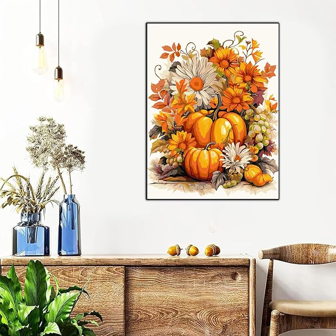 Meothan Paint by Numbers Kits for Adults Framed, Fall Paint by Number for Adults Beginners, Autumn Pumpkin Paint by Numbers Kits on Canvas with Framed for Home Wall Decor 12x16inch (with Easel)