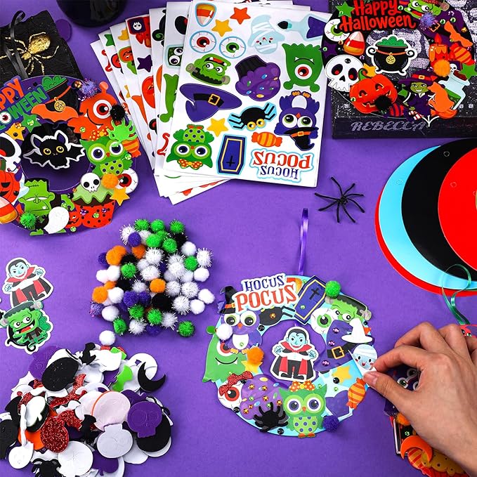 Hollowfly 48 Sets Halloween Wreath Craft Kits for Kids Foam Halloween Wreath Signs Craft Pumpkins Owl Ghost Witch Bats Monster Ornament Decorations Stickers for Art Favors Trick-or-treaters Door Decor