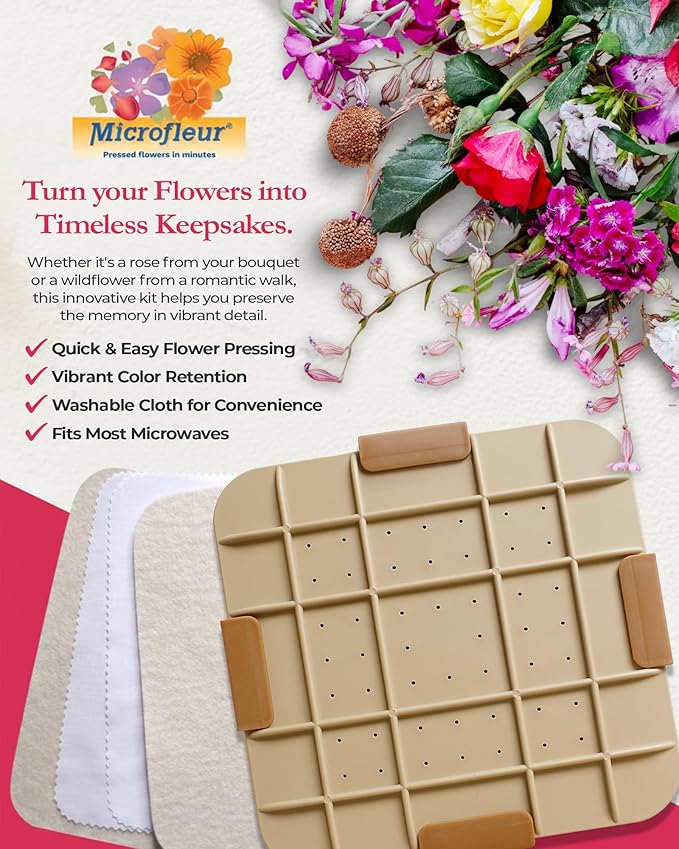 Microfleur Flower Preservation Press Kit, Portable Quick & Easy for Pressed Flowers, Craft Flower Press Kit, Pressing Dry Bouquet & Leaf, Washable Cloth for Lasting Color Fits Most Microwave, 9" 23 cm