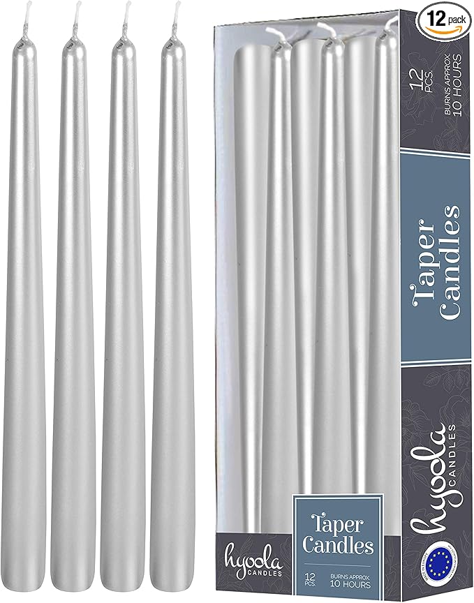 Hyoola 12 Pack Tall Metallic Taper Candles - 12 Inch Silver Metallic, Dripless, Unscented Dinner Candle - Paraffin Wax with Cotton Wicks