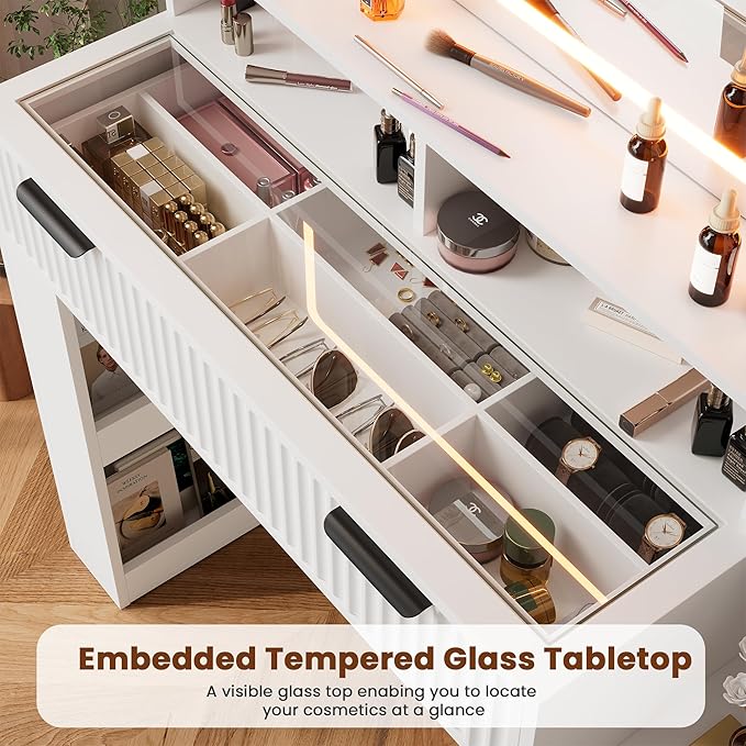 HAIOOU Fluted Vanity Desk with Mirror and Lights,48" Large Makeup Vanity Desk with Charging Station,Dressing Table with 4 Drawers & 3 Open Storage Shelves, Glass Top for Bedroom,White