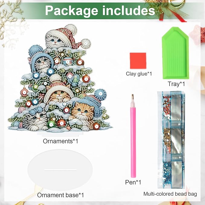 5D Diamond Art Painting Ornament Kits Christmas Tree Cats, DIY Diamond Art Painting Desktop Ornament, Special Shaped Crystal Rhinestone Diamond Art Table Top Home Office Christmas Decor (23.2x24.7cm)