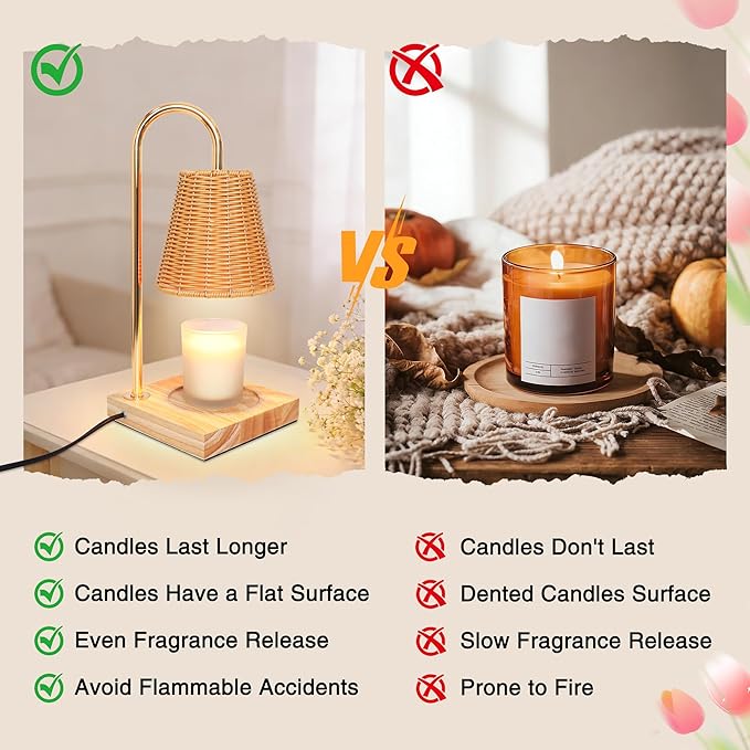 Candle Warmer Lamp with Timer Dimmable, Natural Weaving Boho Electric Wax Warmer Lamp, Birthday Gifts for Women Mom, House Warming Gifts New Home Decor(Candles not Included)