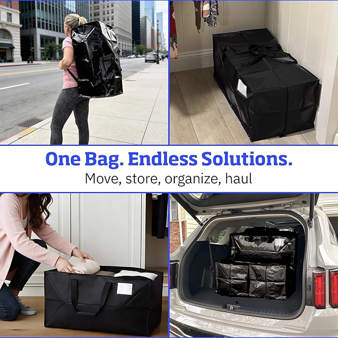 DURASACK Heavy Duty Moving Bag Storage Container Duffle Bag with Zipper, Reinforced Carry Straps and Backpack Straps, Made of Rugged Woven Polypropylene, Pack of 4, Black