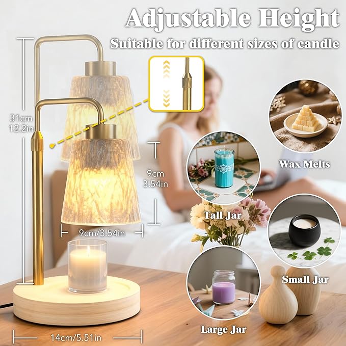 Gold Candle Warmer Lamp with Timer Dimmer, Adjustable Height, Electric Wax Melter for Scented Jar Candles, Home Room Decor, Gift for Women, Men, Friend, Birthday, Christmas, Thanksgiving, Mother's Day