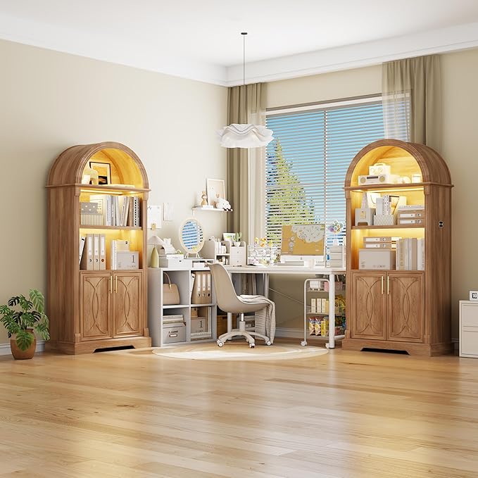 Vlsrka 71" Tall Arched Kitchen Pantry Cabinets, Wood Kitchen Storage Cabinets/Arched Bookshelf/Bookcase,China Cabinet with Open & Adjustable Shelves, Induction LED Light (Brown 2 PCS)