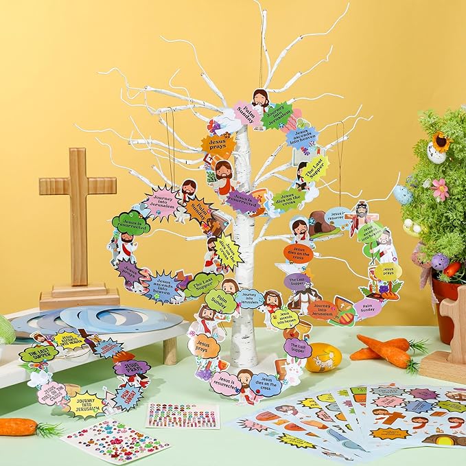 Hollowfly 48 Sets Religious Wreath Craft Kit Bulk Holy Week Wreath Crafts Kit Religious Jesus Ornaments DIY Paper Jesus Craft Decorations with Stickers for Christian Party Activities