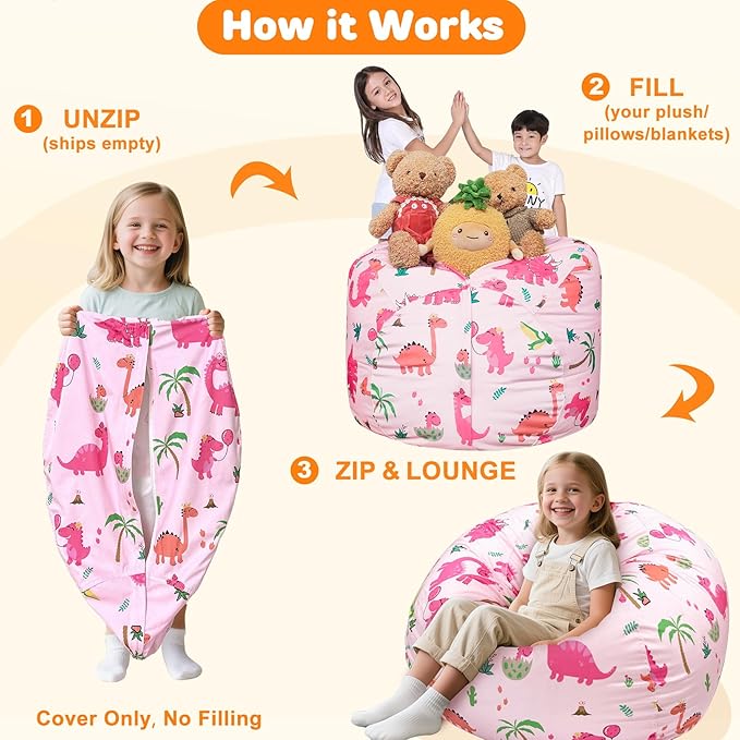 Lukeight Dinosaur Stuffed Animals Storage Bean Bag Chair Cover Only (Ships Empty, No Filling) - Velvet YKK Zipper Beanbag Cover for Kids Big kids, Washable Plush Toy Organizer, X-Large 30" D x 18" H