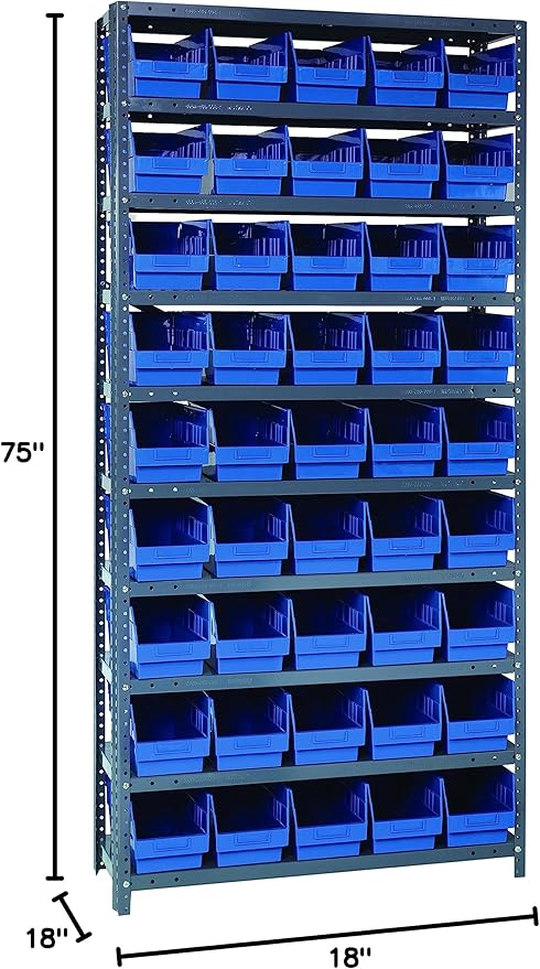 Quantum Storage Systems 1875-104BL Steel Shelving Unit with 4' Shelf Bins, 18' D x 36' W x 75' H, Blue