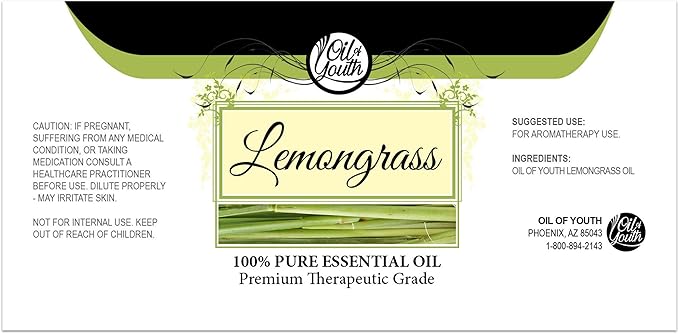 Oil of Youth Therapeutic Grade Lemongrass Essential Oil 4 fl oz with Dropper for Diffuser, Hair, Skin, and Aromatherapy
