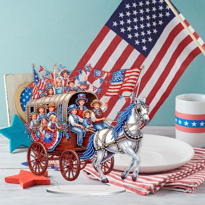 ARTopet DIY Diamond Desktop Ornament US Independence Day Special Shaped Crystal Double Sided Pattern Single Sided Diamond Art Painting Tabletop Home Ornaments Decor-Horse Carriage