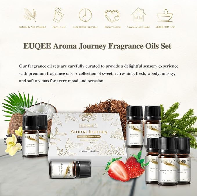 EUQEE 12pcs Fragrance Oils Gift Set, Premium Essential Oils Set for Diffuser, Candle, Soap Making, Travel, with Amber, Coconut&Vanilla, Fresh Linen, Leather, Forest Pine, Gift Set for Women and Men