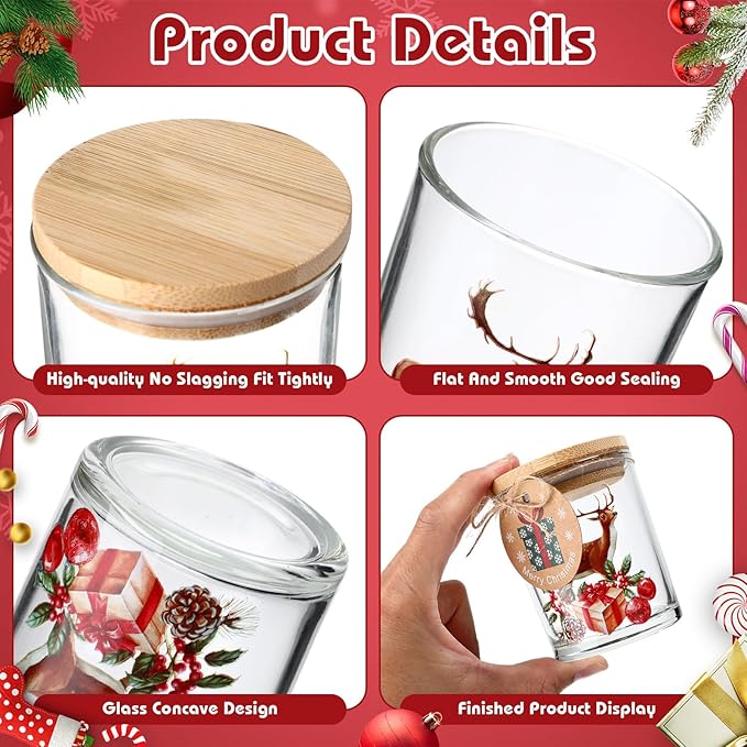 Potchen 12 Pack Christmas Santa Claus Clear Candle Jars for Making Candles 7 oz Empty Glass Jars with Wood Lids and Blessing Card Snowman Candle Containers for DIY Gifts Home Tea Party Holiday Decor